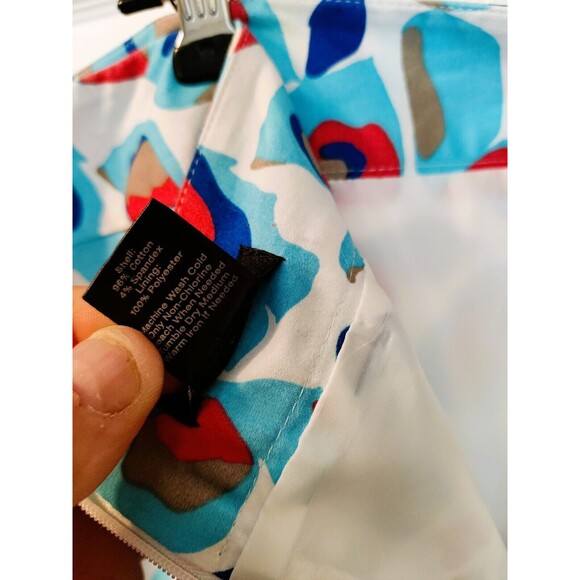 Ann Taylor skirt women 16 petite blue white orange black pattern lined stretch - Picture 7 of 7